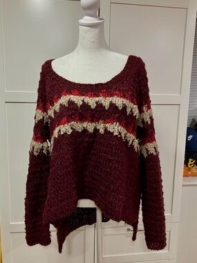 Free People Burgundy Off-the-Shoulder Knit Sweater with Cream & Red Stripes